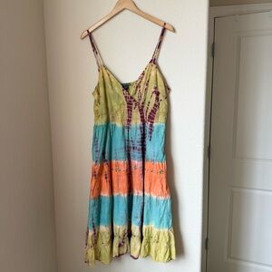Raya Sun Y2K Tie Dye Cotton Sundress | Boho Tiered Midi Dress | Size XL